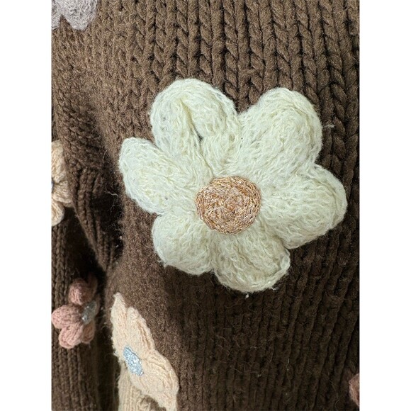 Luna Ivy Sweater Womens Size M Brown Chunky Knit Floral Applique Mock Neck - Picture 5 of 12
